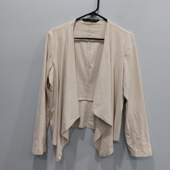Zara Waterfall Open Front Faux Suede Blazer Jacket Coat Large Beige - Picture 1 of 5